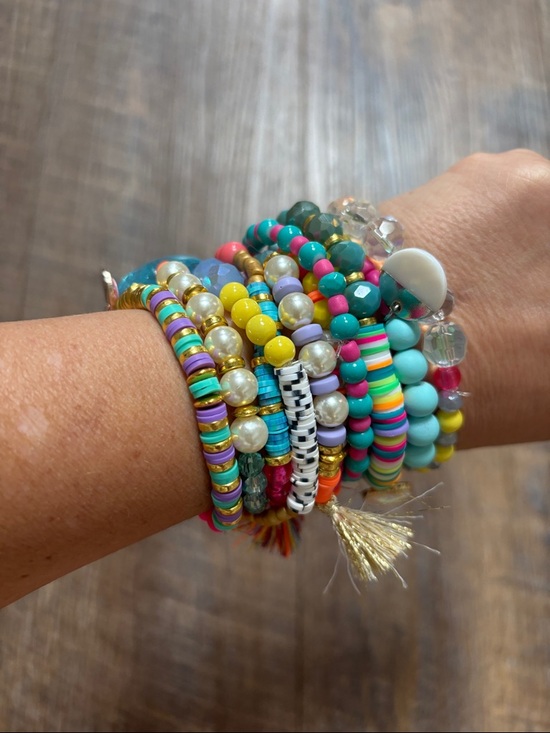 Handmade Jewelry - Fun and Flirty Colorful Beaded Stack Bracelet Set of Ten with Tassels
